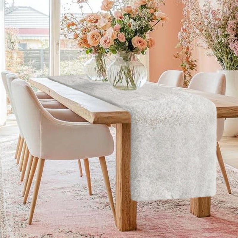 yuboo White Fur Table Runner, Furry Fluffy Dresser Runner for Bedroom Dresser Cover Top, Modern Table Decorations for Party Birthday Spring Valentines Christmas Wedding Dinning Table 15 x 72 Inches - Image 1